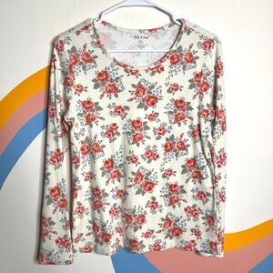 Floral Long Sleeve Top Womens L Cottagecore White Pink Roses Romantic Basic